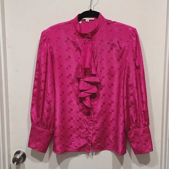 Vintage Tops - Vintage 80s Roth LeCover California Bright Pink Blouse Neck Ruffle 12 Barbiecore